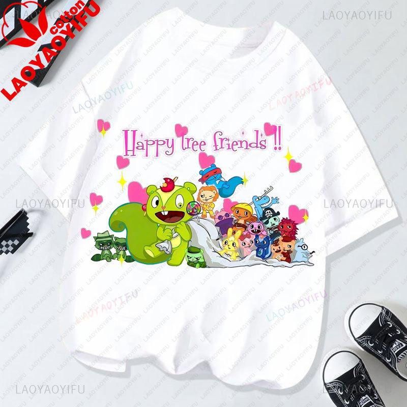Happy Tree Friends Camiseta Unisex Anime Camiseta Camisa Novedad Tendencia Harajuku Estilo Retro de los 90 Ropa Verano Informal