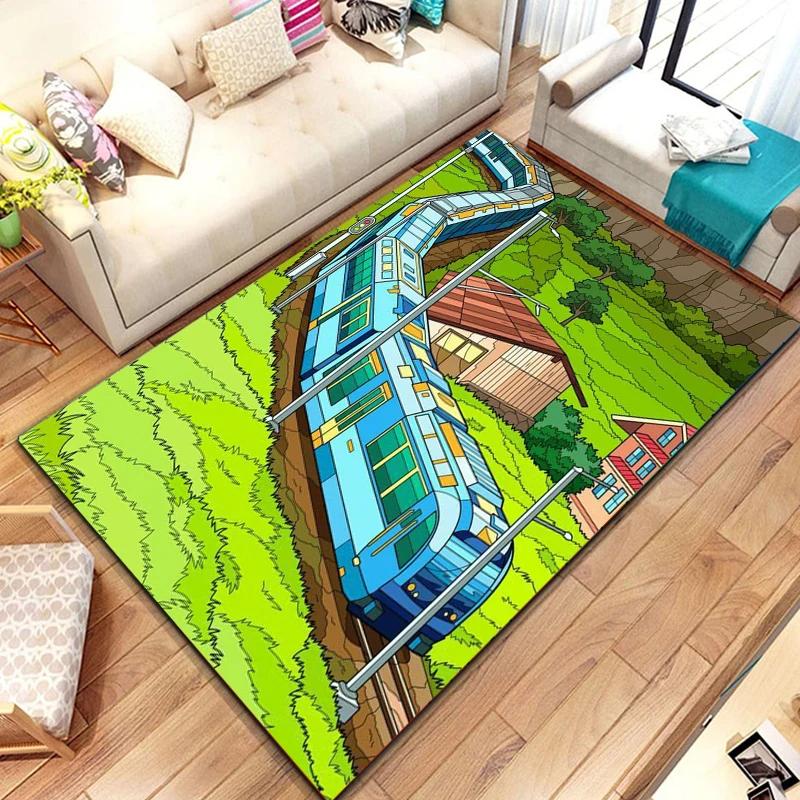 Zug Bereichsteppich für Mädchen Jungen Retro Dampfmaschine Teppich Eisenbahngleis Transport Fußmatte 3D Vintage Fahrzeuge Wohnzimmer Fußmatte