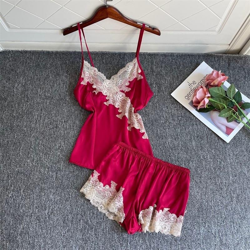 Japanese sexy suspender pajamas women's shorts two-piece set lace lace thin summer ice silk new loungewear