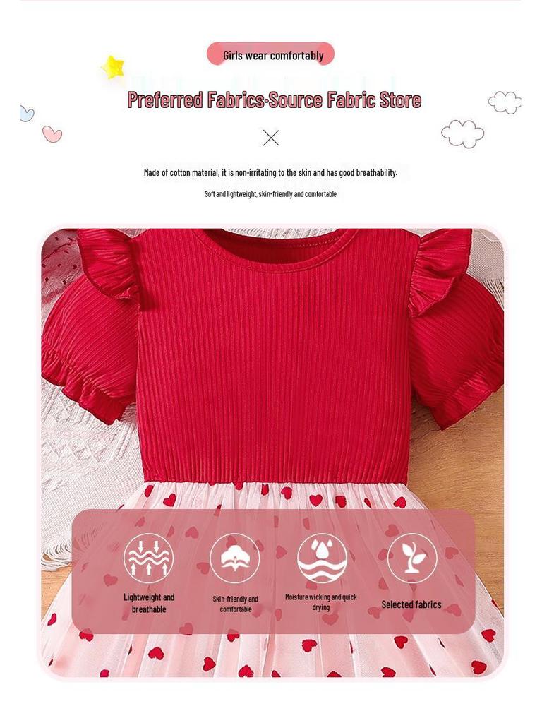 Girls' Korean Style Princess Dress - Summer 2025, Puffy Tulle, Cotton Short Sleeve