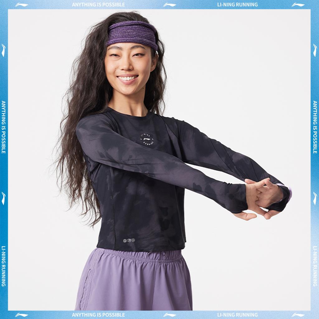 Li-Ning Comfortable Simple Round Neck Pullover Casual Versatile Long Sleeve T-Shirt Women Tops Black Shadow-Gray ATLV120-3
