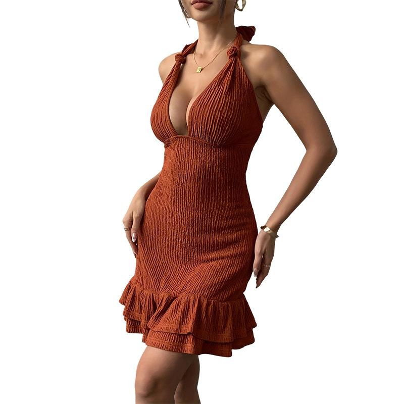 European beautiful women's summer suspender tight mini dress sexy deep V pleated party dress