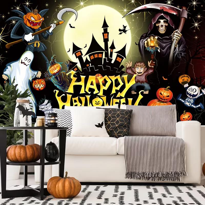 2D Happy Halloween Backdrop with Grim Reaper and Pumpkins Photography Banner