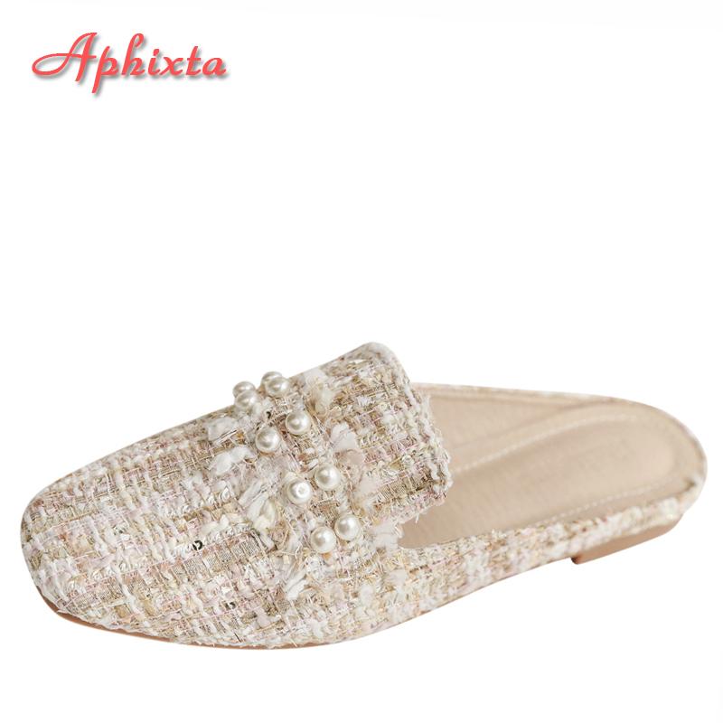 Fashion Aphixta 2025 New Summer Pearl Women Slides Ladies Shoes Flat Heel Cool Fashion Bow Fabrics Footwear Slippers Plus Big Size 43