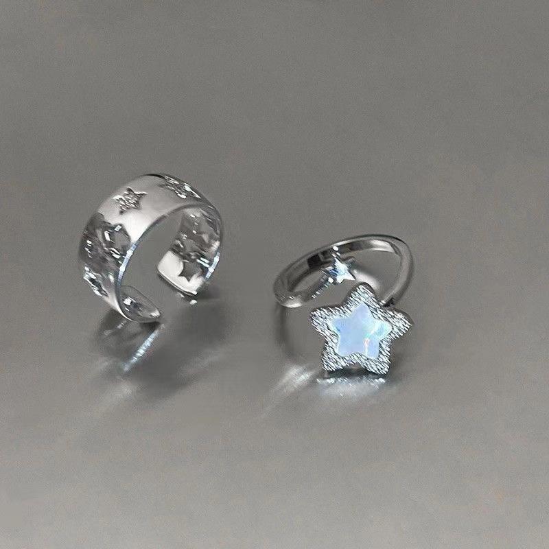 Y2K Letter Bilayer Star Open Ring for Women Girls Sweet Hollow Dropwise Glaze Pentagram Lucky Finger Accessories Fashion Jewelry