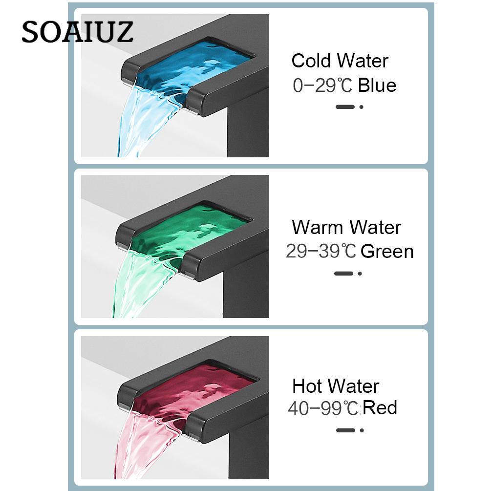 Black Tall LED Waterfall Basin Bathroom Faucet Deck Mounted Hot Cold Water Mixer Taps Three Color Change By Water Flow