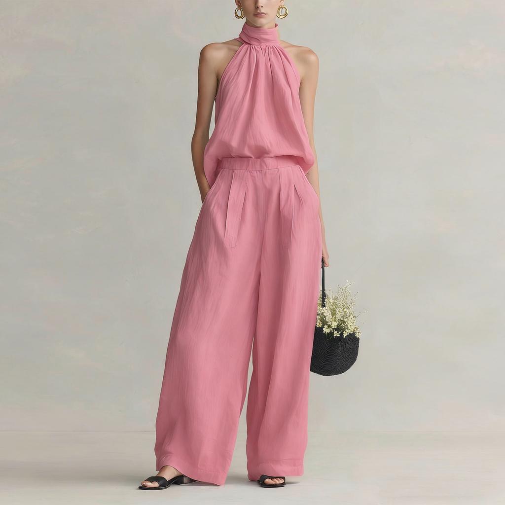 Damen ärmelloses Neckholder-Top und elastische Weitbein-Hose Zweiteiliges Set Baumwoll-Leinen Lässiges Outfit