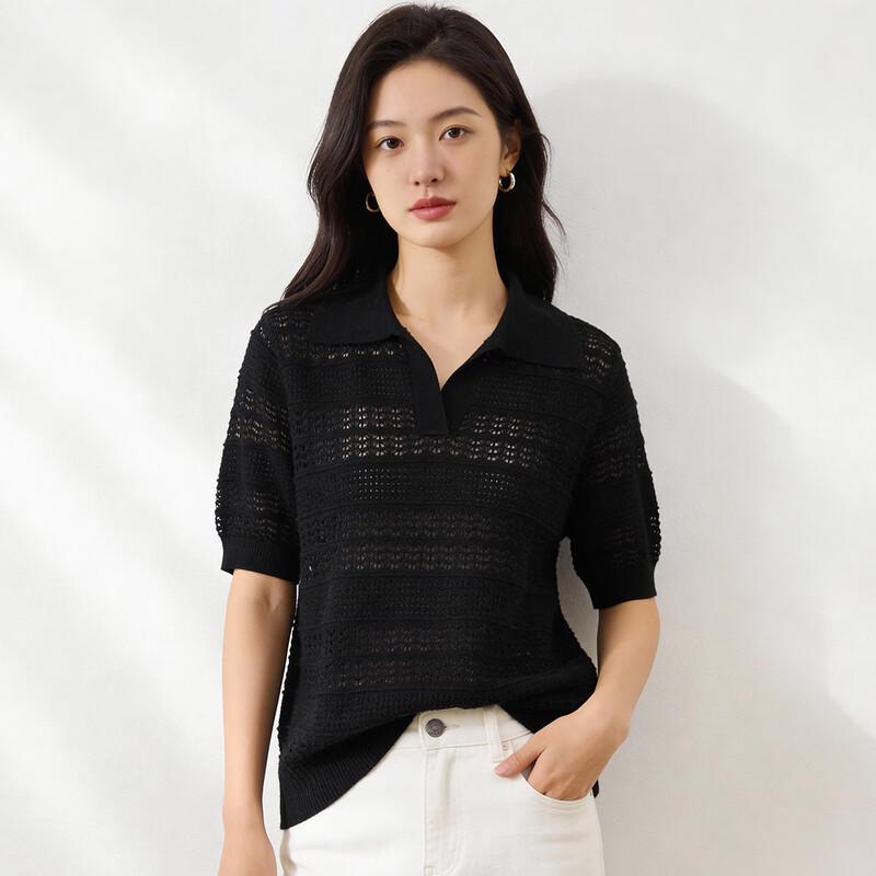

Women s Mulberry Silk Blend Hollow Knit Polo Top L