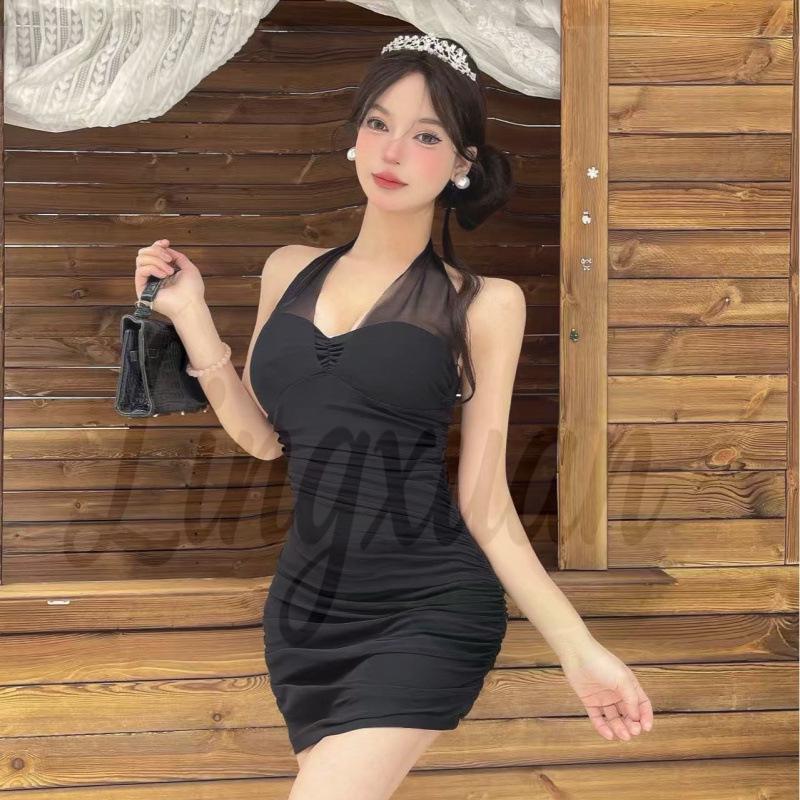 Pure Desire Halter Neck Slim Fit Tank Dress – Enhances Bust, Sleeveless, High Waist, Solid Color