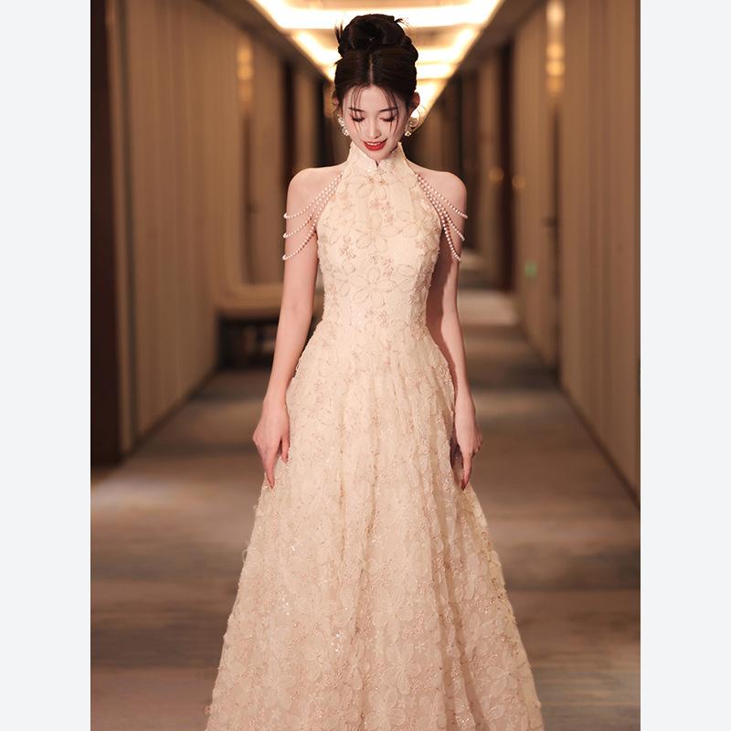 Neck engagement evening dress female host annual meeting light luxury niche high-end adult ceremony toasting dress bride princess dress