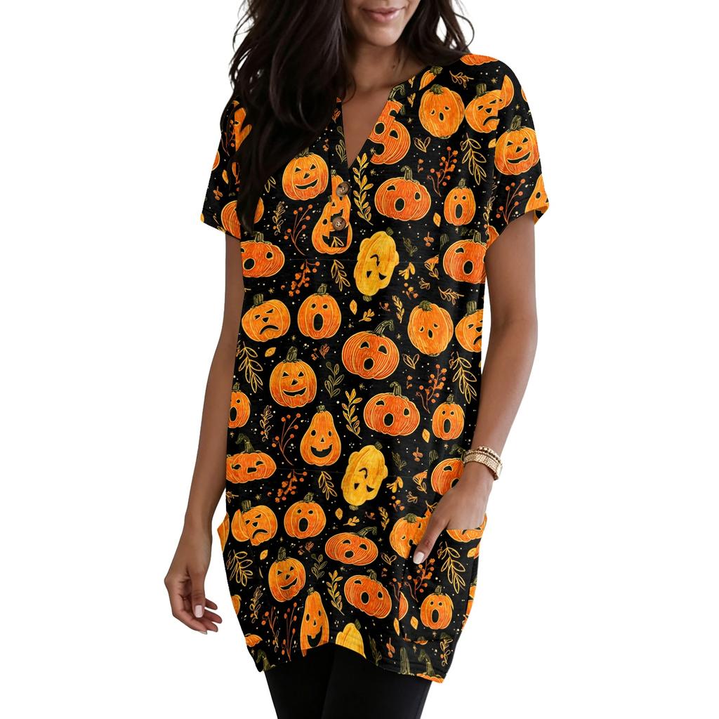 Women V Neck Pullover Top with Halloween Themed Print Short Sleeve Tunic Shirt Casual Loose Fit with Pocket Design