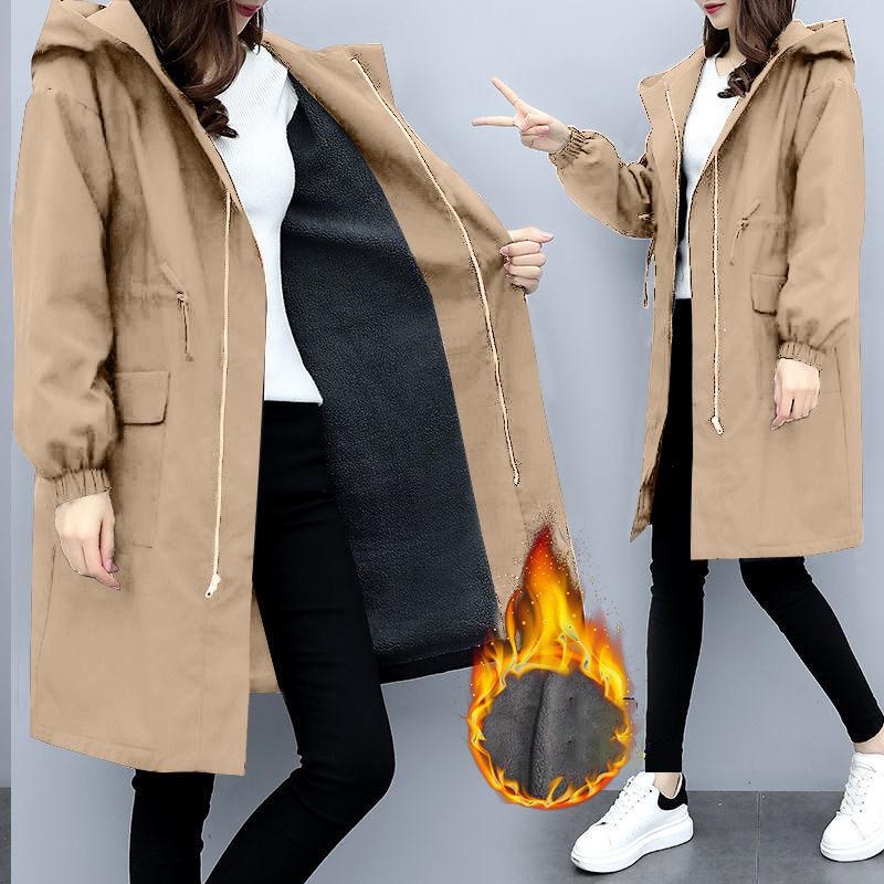 Trench Coats Women Autumn Winter Hooded Drawstring Pocket Zipper Long Outwear Plus Size Elegant Ladies Thicken Windbreaker Coats