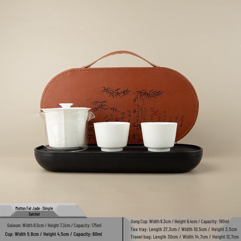 Sheep Fat Jade Portable Ceramic Tea Set - One Pot, Two Cups, Travel-Friendly Souvenir.