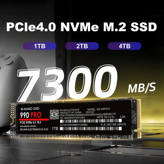 990 PRO PCIe 4.0 M.2 NVMe SSD Speed Up To 7300MB/s Read 6800MB/s Write 1/2/4TB Internal Solid State Drive for PC Laptop Desktop Computer