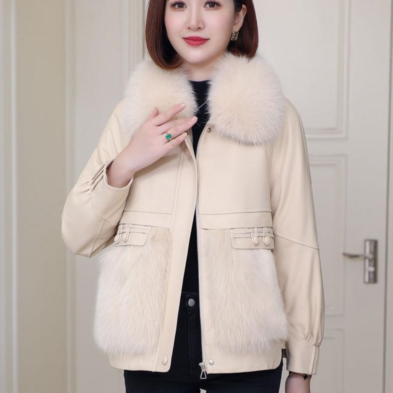 Autumn Winter Women's Faux Fur Coats Stitched Artificial Fox Fur Collar Fur Coat Short Slim Down Leather Jacket