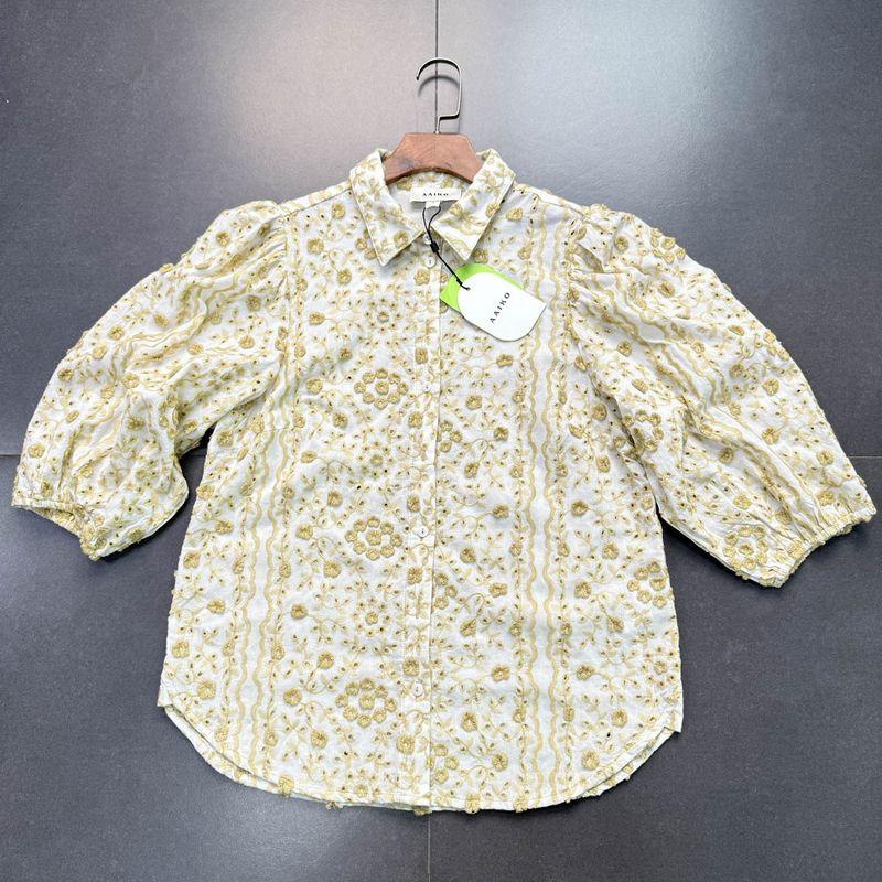 

Foreign Trade Order ~ Retro Palace Style Puff sleeve Hollow Heavy Embroidery Three-Dimensional Flowers Shirts Top Basswood Green XL