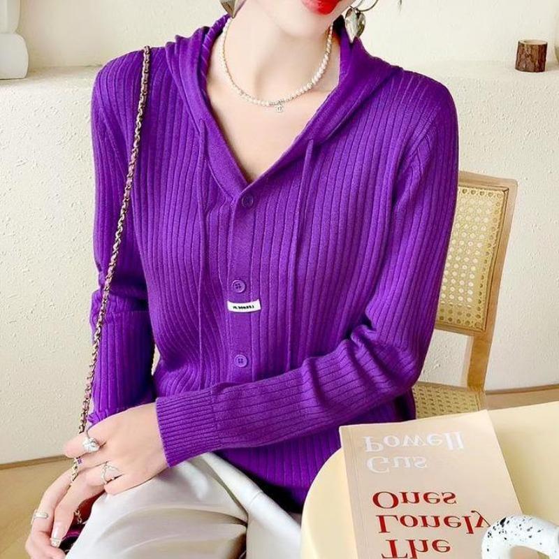 Pulover cardigan din tricot franțuzesc pentru femei, toamnă și primăvară, design cu glugă, pulover solid cu mânecă lungă, cardigan, top feminin