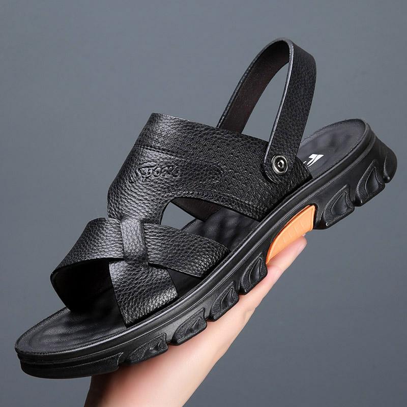 

Мужские летние новые верхние слои из коровьей кожи с латексной подкладкой, пляжная обувь для взрослых, на толстой подошве, мягкая подошва, нескользящие кожаные сандалии с открытым носком 47 чёрный