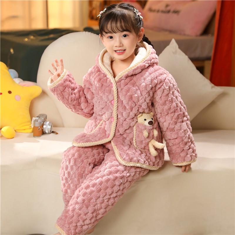 Dětské útulné pyžamo z křišťálového sametu - Silná prošívaná sada z korálového fleecu pro podzim a zimu