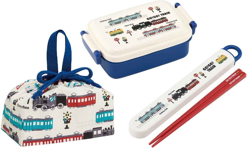 Skater TRAIN 24 Dishwasher-Safe Soft Lid Tight Lunch Box, Square Shape, 450ml Lunch Box, Chopsticks and Chopstick Case Set, Lunch Pouch, Train