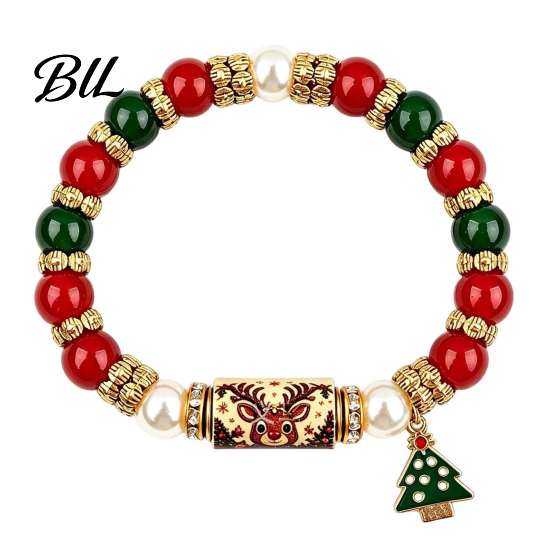 Holiday Party Outfit Accessories Christmas Bracelet, Elastic Stretch Beaded Bracelet with Xmas Jewelry Collection Tree Charm, Gifts for Women