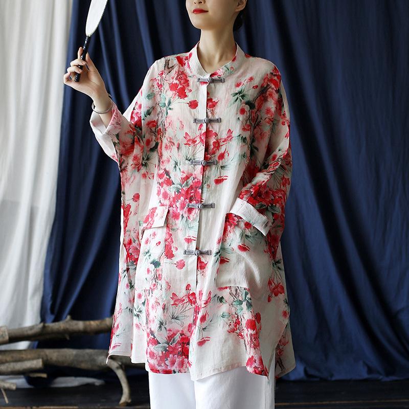 

Women s Ethnic Printed Mid-Length Stand Collar Shirt with Frog Buttons, Summer Sun Protection, Loose Fit, Plus Size Retro Jacket XL