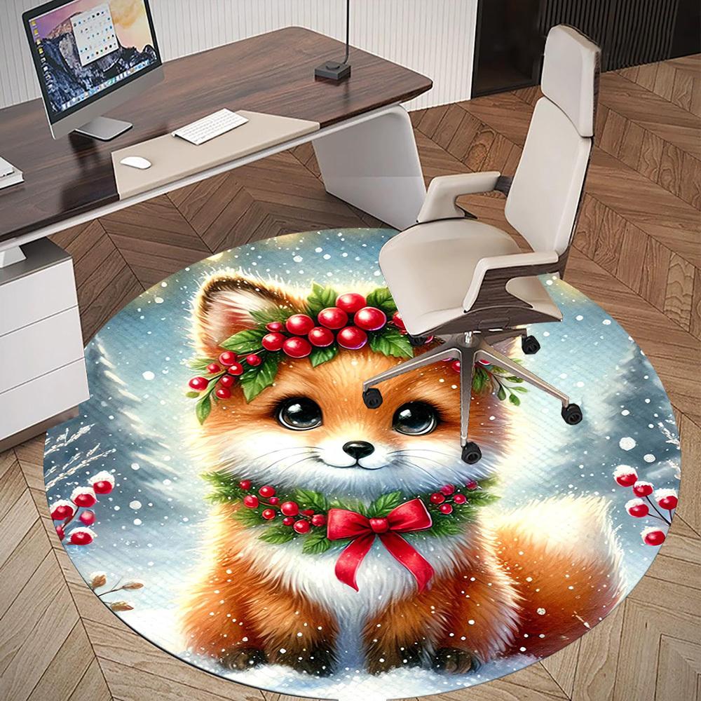 1pc Winter Fox Round Chair Mat Area Rug - Non-Slip, Floor Mat for Office, Bedroom, and Indoor Decor -1002095