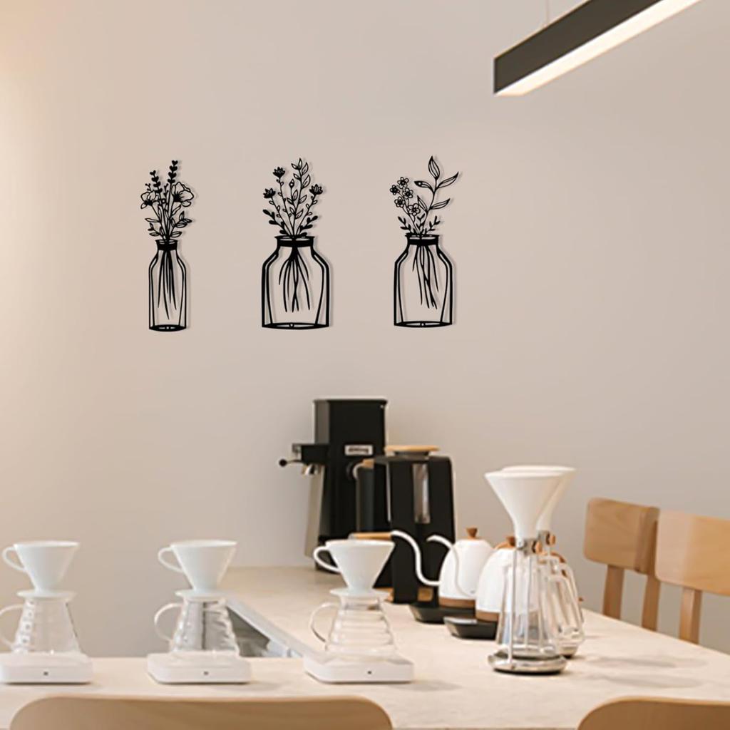 3 Pieces Black Metal Flower Vase Wall Art Decor Wire Wall Art Metal Wall Sculptures Iron Decorative Hanging for Indoor Kitchen Bathroom Dining Room