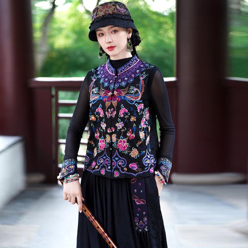 

Women s Ethnic Color Block Embroidered Sleeveless Cardigan Tank Top L