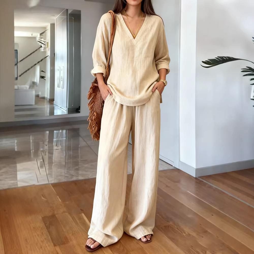 2026 new foreign trade cross-border new women's clothing, casual V-neck pullover, long sleeves and trousers, washed cotton multi-color women's clothin