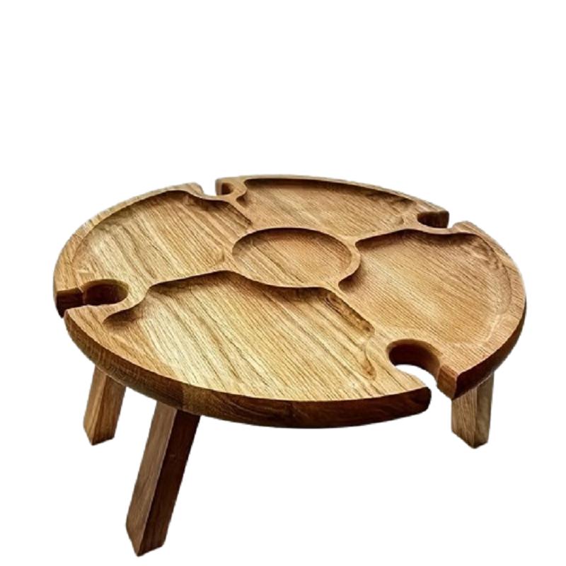 Wooden Outdoor Folding Picnic Table 2 In 1 With Glass Cup Holder Portable Round Fruit Picnic Plate Foldable Desk For Beach Garde