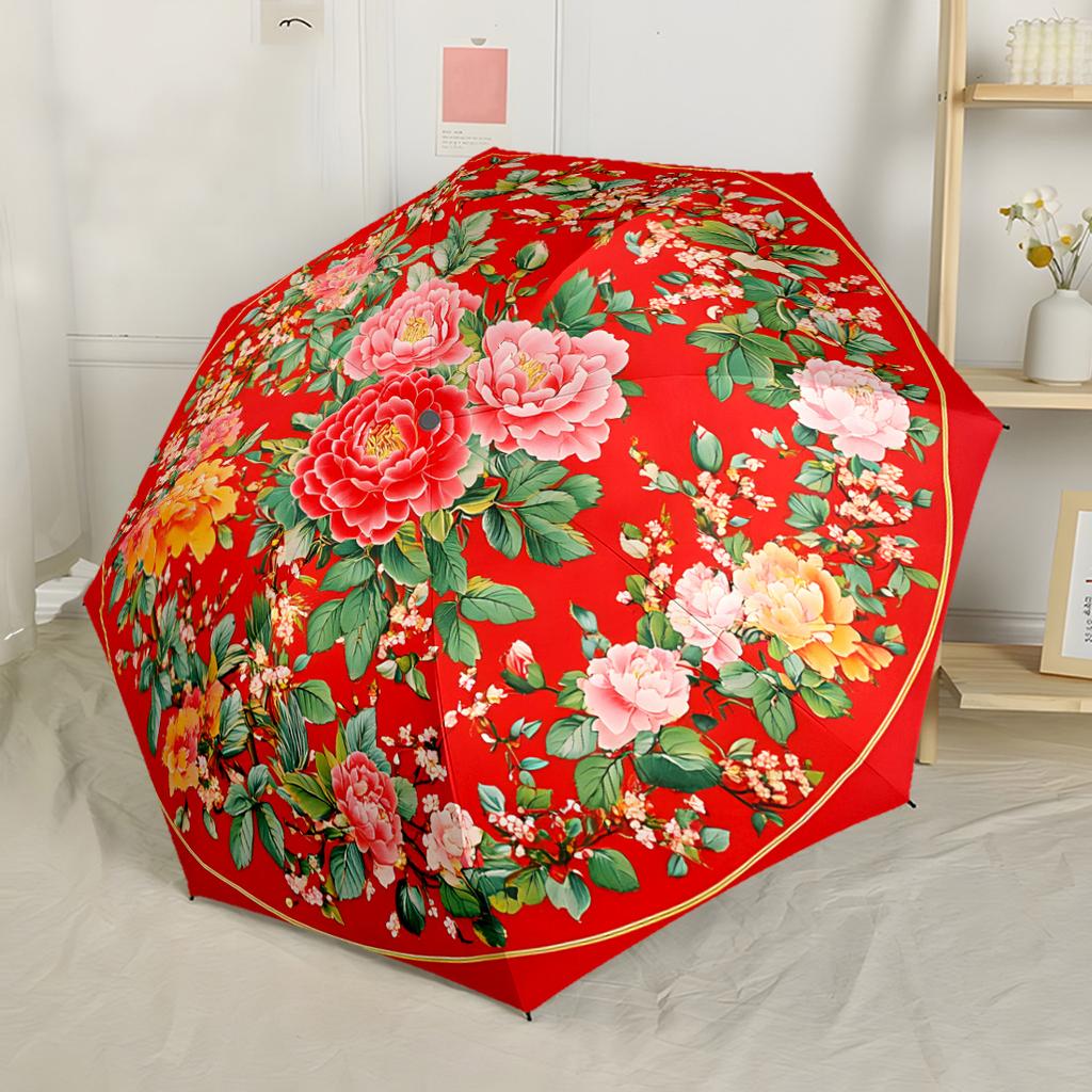 Floral Harmony In Red Automatic Umbrella Folding Umbrella with 8 Ribs Sturdy Construction Travel Essential Compact Folding Umbrella