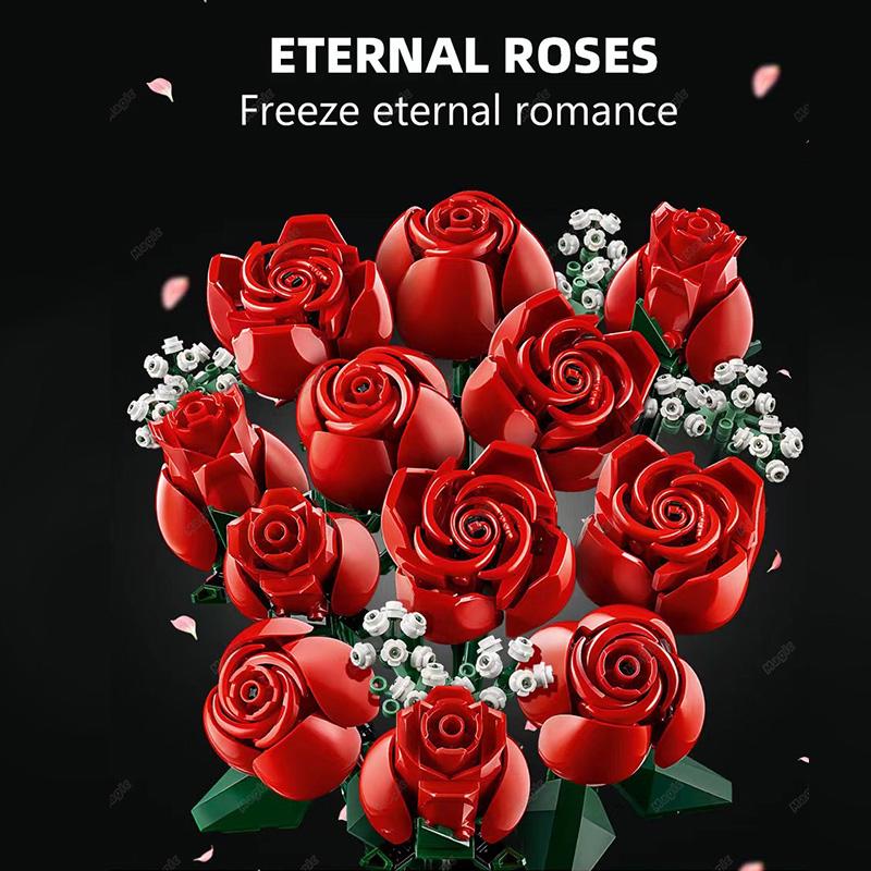 Romantická kytice růží 822 dílků Stavebnice Kreativní domácí dekorace na stůl Sestavitelné kostky Hračky pro dárky Dívky Dáma