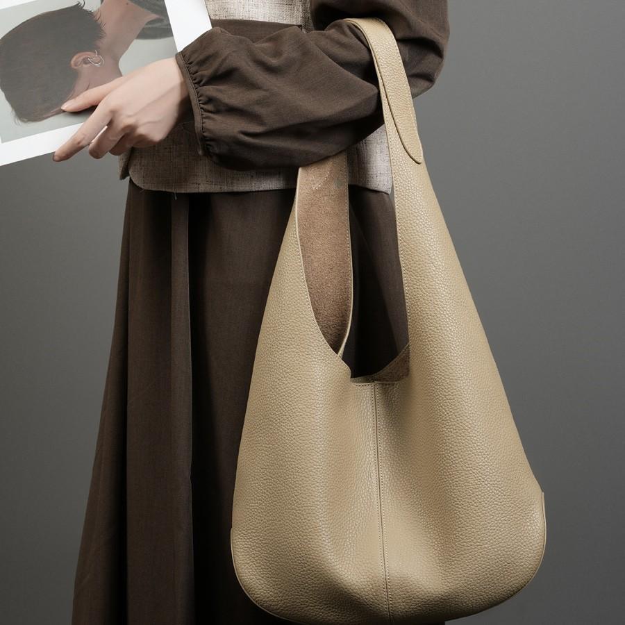 New South Korea Internet Celebrity Women's Bag Bucket Bag Large Capacity Top Layer Leather Tote Bag High Sense Underarm Shoulder Genuine Leather Bag