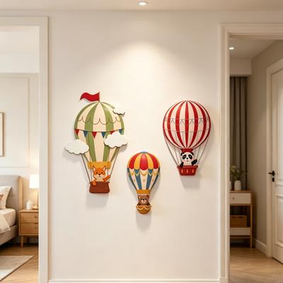3 Stuks Heteluchtballon Muurdecoratie Boho Houten Kinderkamer Muurkunst Cartoon Dieren Heteluchtballon Muursculptuur voor Kinderkamer Babyborrel Decoratie