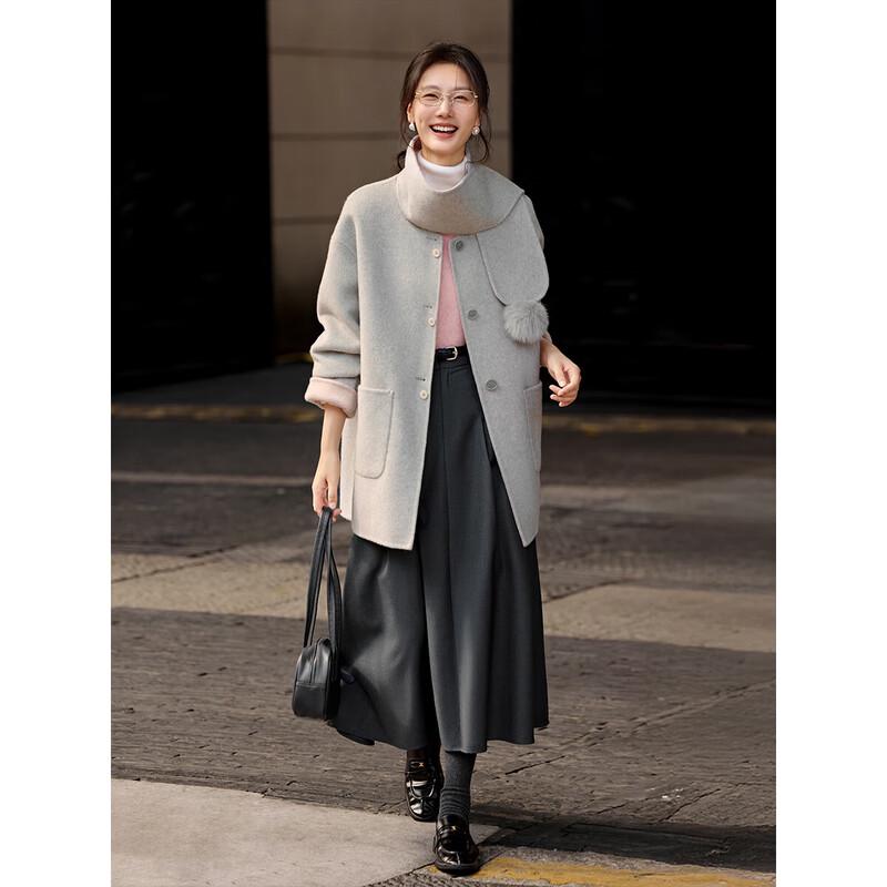 XWI Women's Detachable Scarf Double-Faced Wool Coat