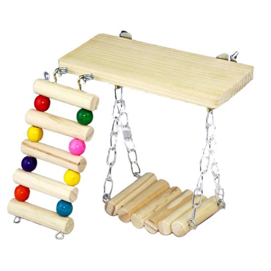 3Pcs/Set Wooden Springboard Ladder Swing Stand Toy Parrots Birds Cage Accessory