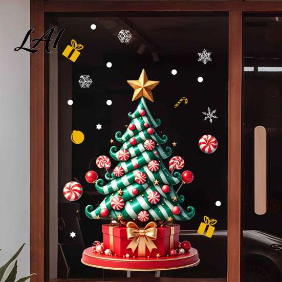 Weatherproof Balcony Stickers Christmas Tree Window Decals Candy Striped Snowflake Wall Stickers Waterproof Festive Home Decor PVC Removable