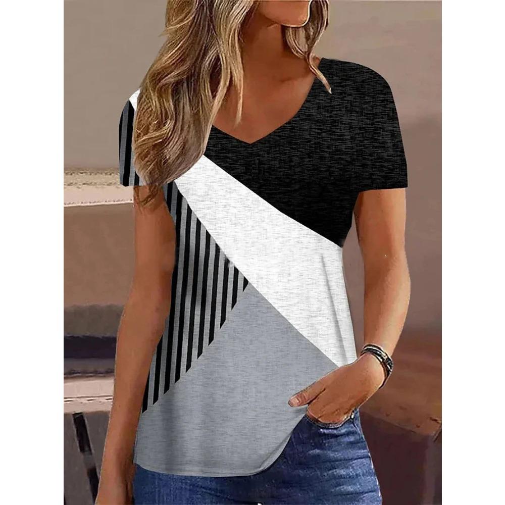 Damen T-Shirt, Sommer gestreiftes Kurzarm T-Shirt, blau V-Ausschnitt Mode, Damenbekleidung, neues lässiges Damen T-Shirt, Pullover