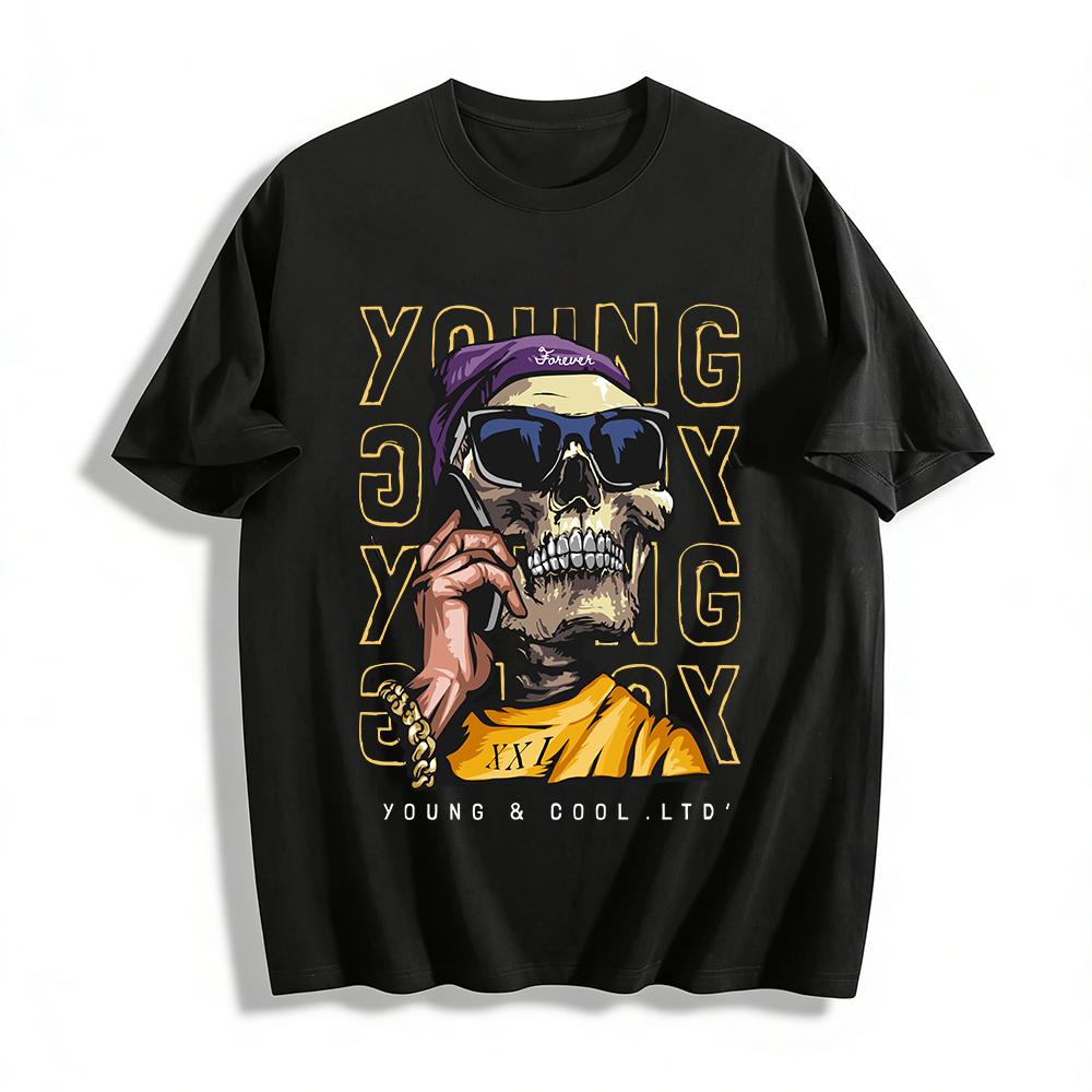 Trendy Street Style Skull Print T-shirt Unisex Loose Casual Top Pure cotton T-shirt XXS