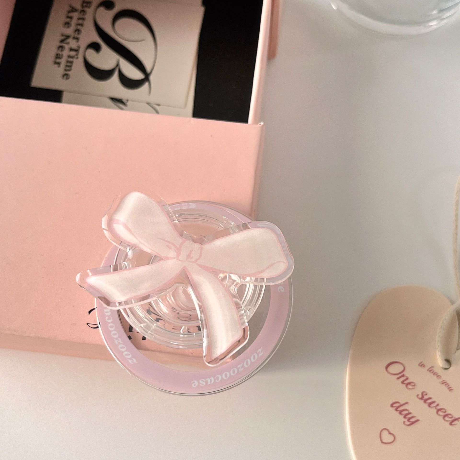 

Korean Cute Pink Ribbon Bow Magnetic Phone Holder Grip Tok Griptok Phone Stand Bracket Support for iPhone 17 16 15 14 Smart Tok