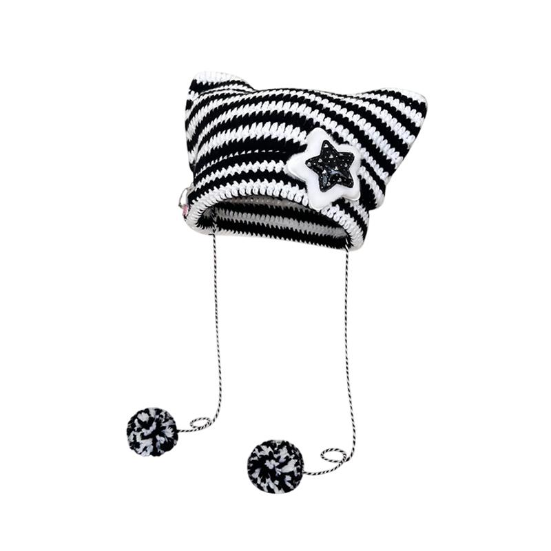 

Милые осенне-зимние шапки с кошачьими ушками для женщин и девочек в стиле панк, утолщенная теплая шапка с подвеской в виде комка шерсти, защищающая от холода, подарки as the picture