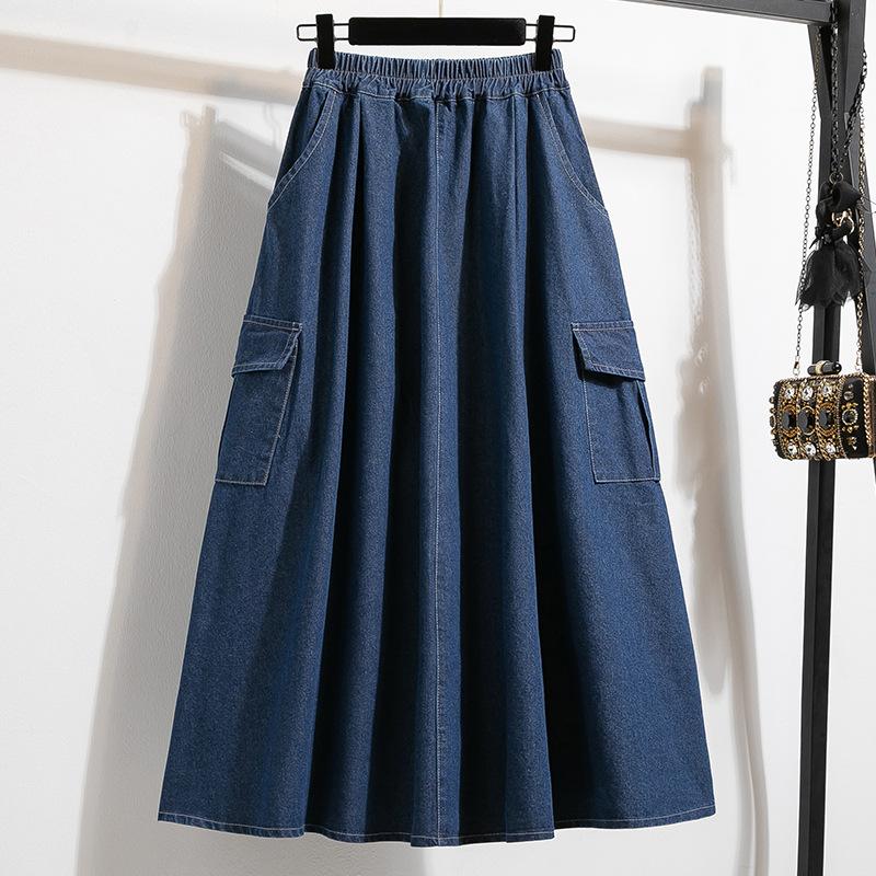 Plus Size Spring Denim Skirts Women Clothing Blue Pockets Fashion A-Line Jeans Skirt High Waist