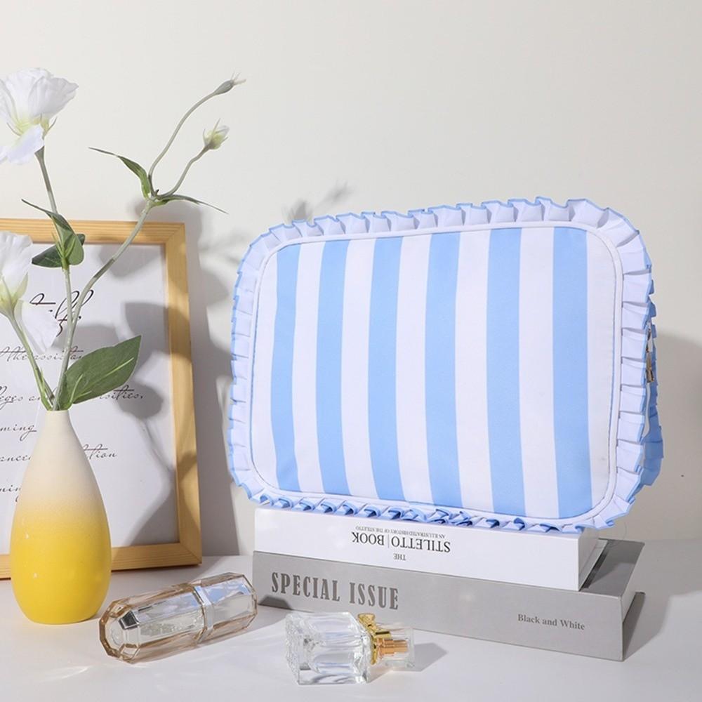 Large Ruffle Pouch Bag Zipper Multifunction Gingham Ruffle Makeup Bag Cute Checkered Pattern Checkered Cosmetic Bags Travel Use