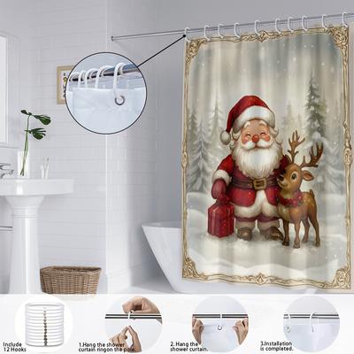 1pc Santa Claus Reindeer Print Waterproof Shower Curtain Bathe Partition with 12 Hooks for Privacy Protection Easy Installatio