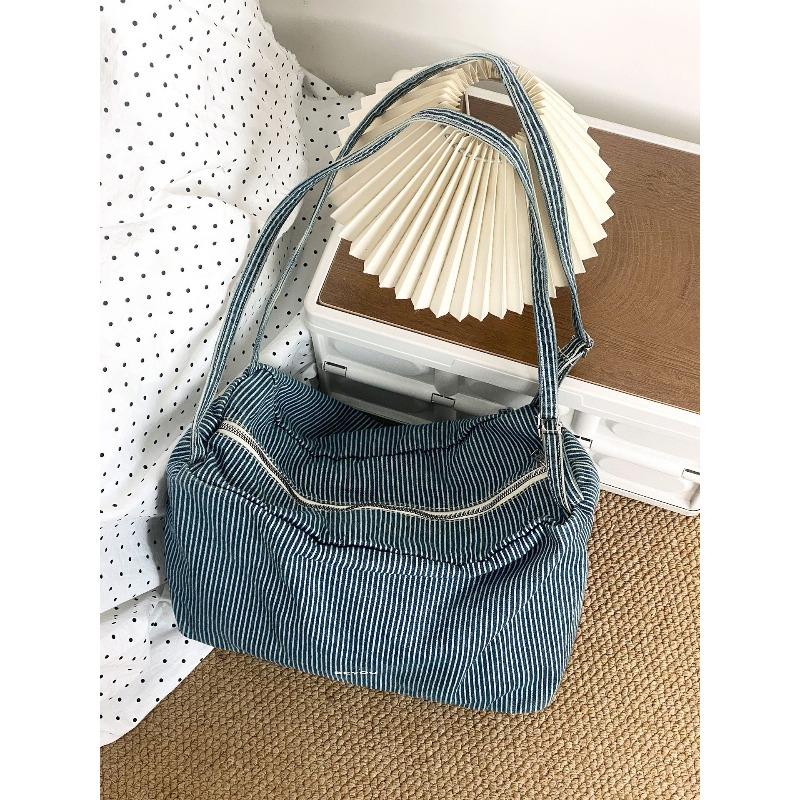 

Early spring new large-capacity denim shoulder bag fashionable and old retro striped underarm bag versatile hobo bag
