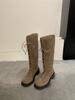 Retro style lace-up stacked high boots for women's new autumn and winter versatile round head thick heel but knee boots for children