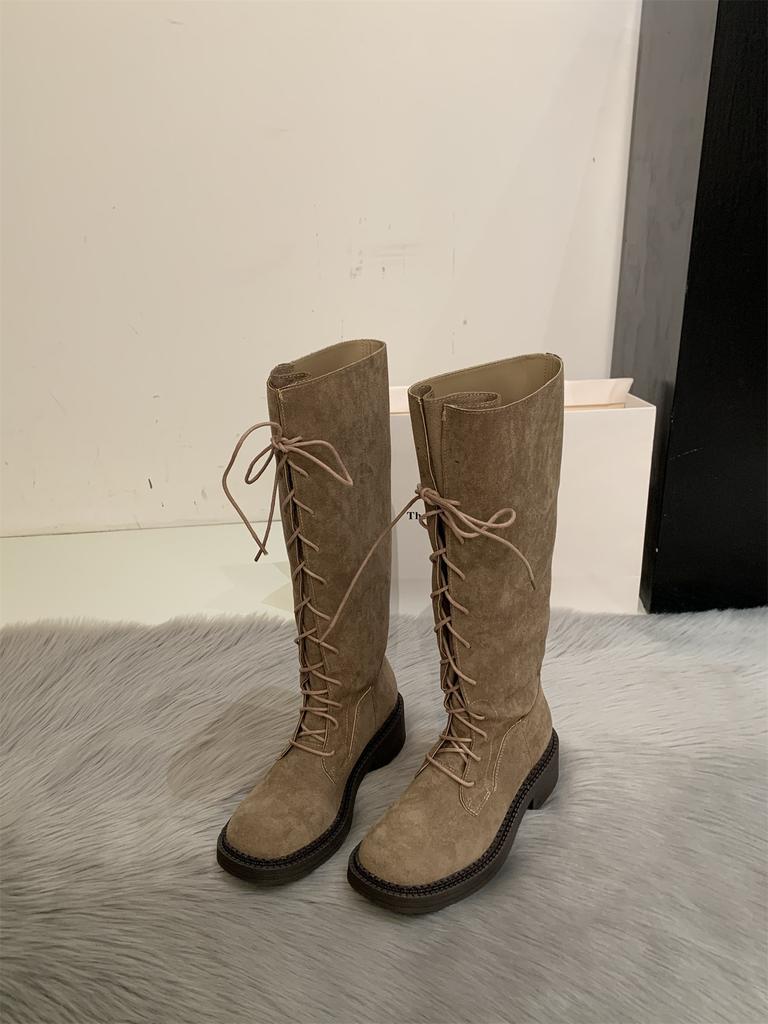 Retro style lace-up stacked high boots for women's new autumn and winter versatile round head thick heel but knee boots for children