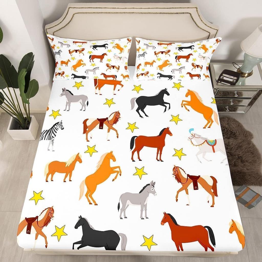 Horse Fitted Sheet, Animal Horse Bed Sheets Deep Pocket 30cm,Soft Microfibre 3D Bed Sheet with Pillowcases for Kids and Aldults