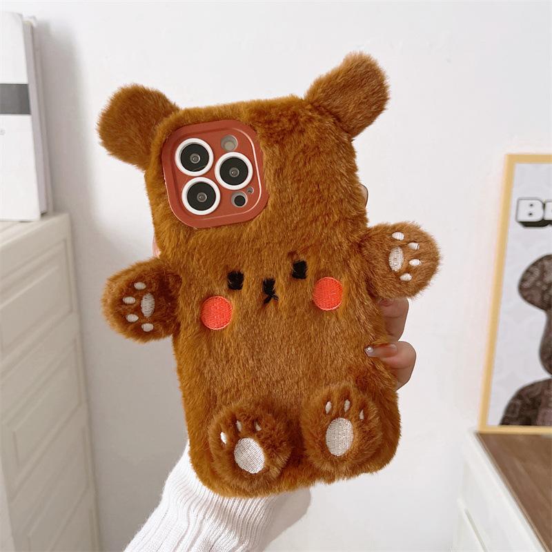 

3D Cartoon Bear Fluffy Plush Couple Phone Case For iPhone 17 Air 16 15 14 13 12 11 Pro Max Shockproof Protective Cover iPhone 11 Pro Max коричневий